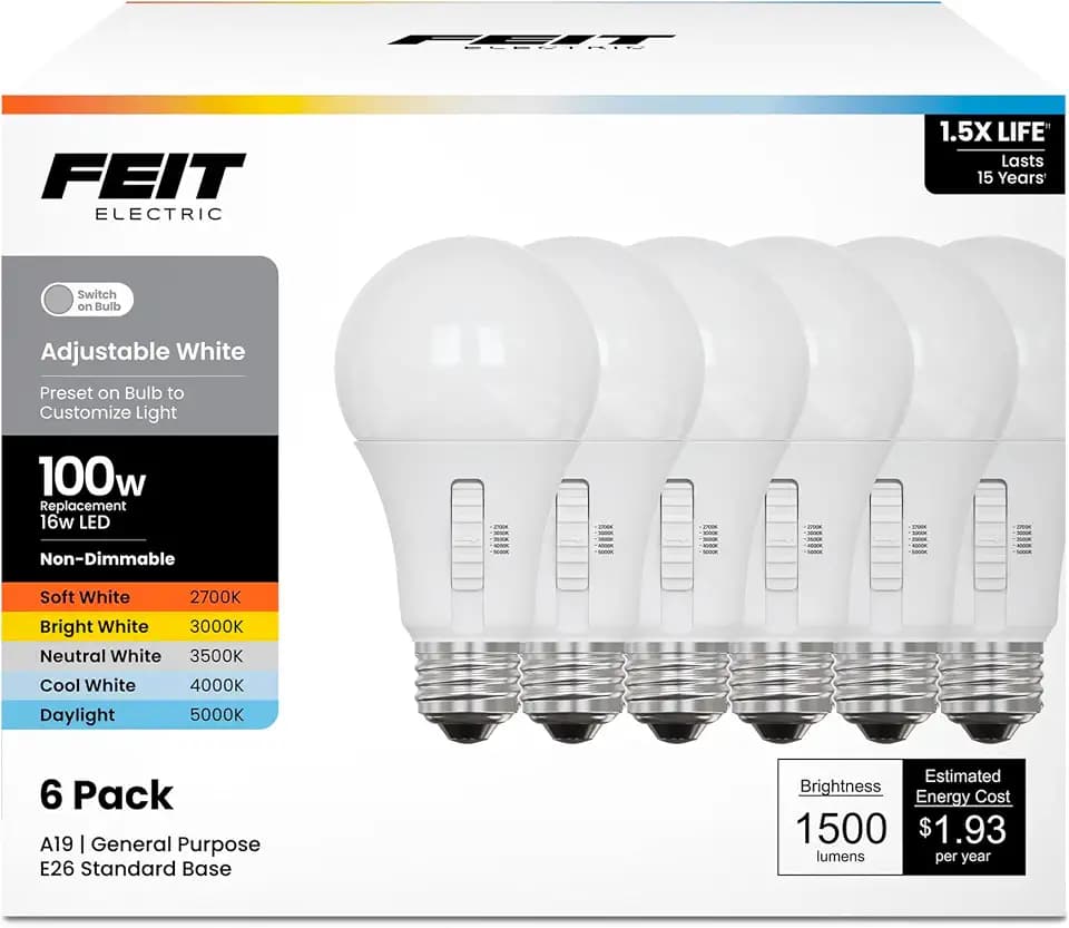 Feit Electric A19 LED Light Bulb, 100W EQ, 5CCT, Non-Dimmable, 6-Pack