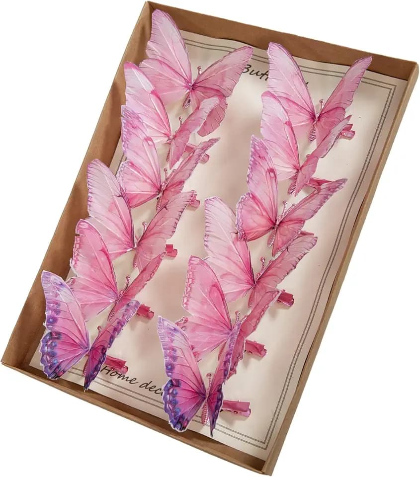 Decorative Butterfly Picks, 12 Pieces with Clips for Floral Arrangements (Pink)
