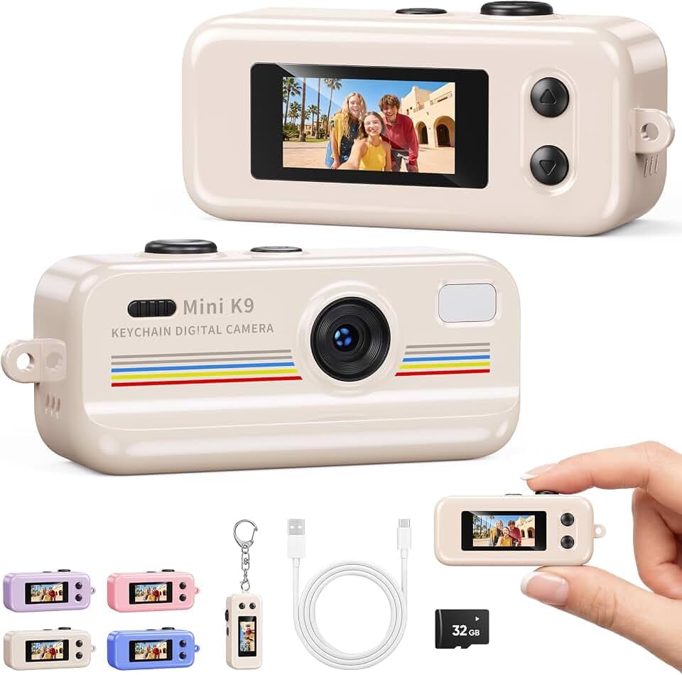 Kizmyee Mini Keychain Digital Camera, 1080P Pocket Camera, Cream White