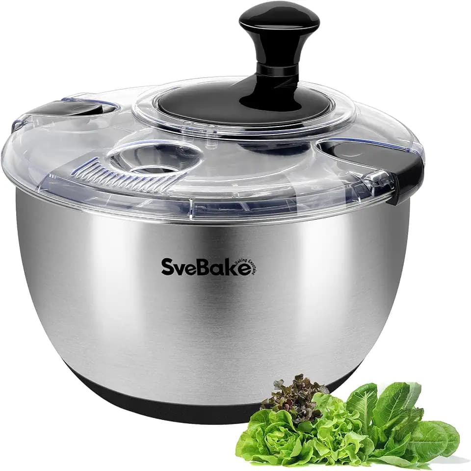 SveBake 4,5 L Salatschleuder Edelstahl, Kurbelantrieb, Sicherer Verschluss