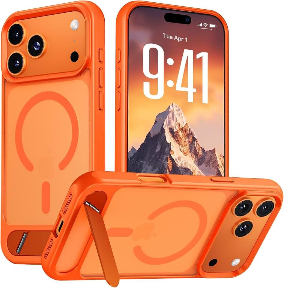 Hoerrye für iPhone 17 Pro Hülle für MagSafe - Flügelständer Kompatibel, Eingebauter Magnetring, Stoßfest Kratzfest Transluzente Matt für iPhone 17 Pro Case Orange