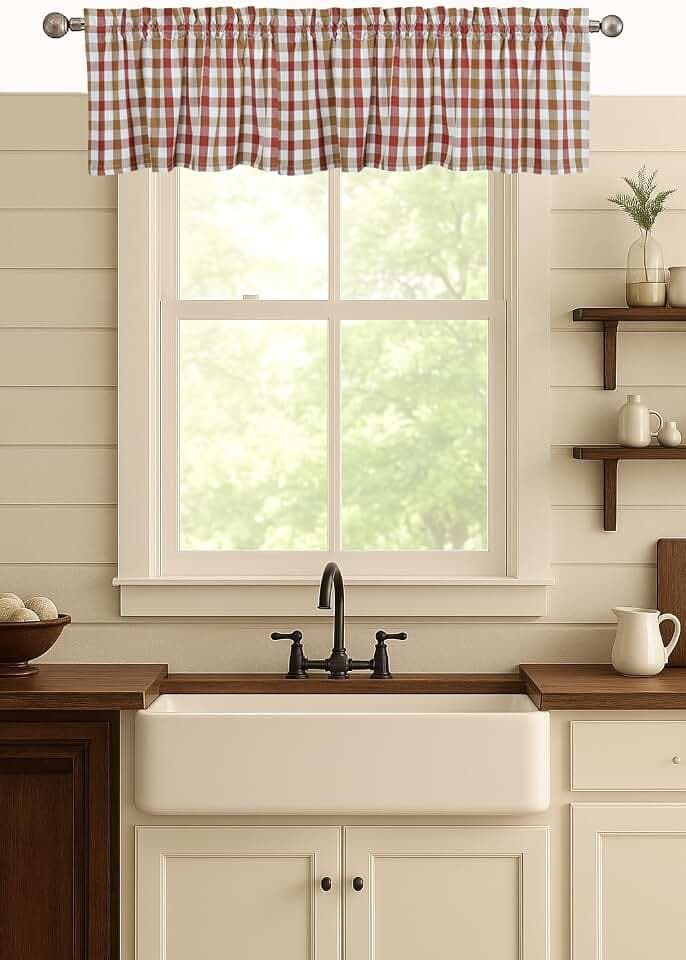 2 Pack Gingham Check Window Valances - 54x18 Inch, Plaid, Semi Sheer, Rod Pocket Curtains - Farmhouse Window Treatments for Kitchen, Bedroom, Living Room - Rust & Tan