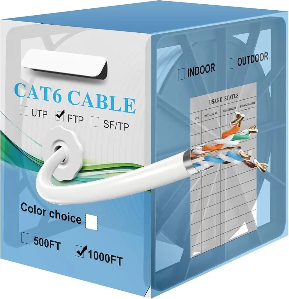 Elecan Cat 6 Ethernet Cable Bulk 1000 Ft – Easy Pull Box, FTP High-Speed Long Network Internet RJ45 LAN Patch Cable, 10Gbps 550MHz, 23AWG Solid CCA, Kink-Free, Foot Marks for Gaming Router PoE-White