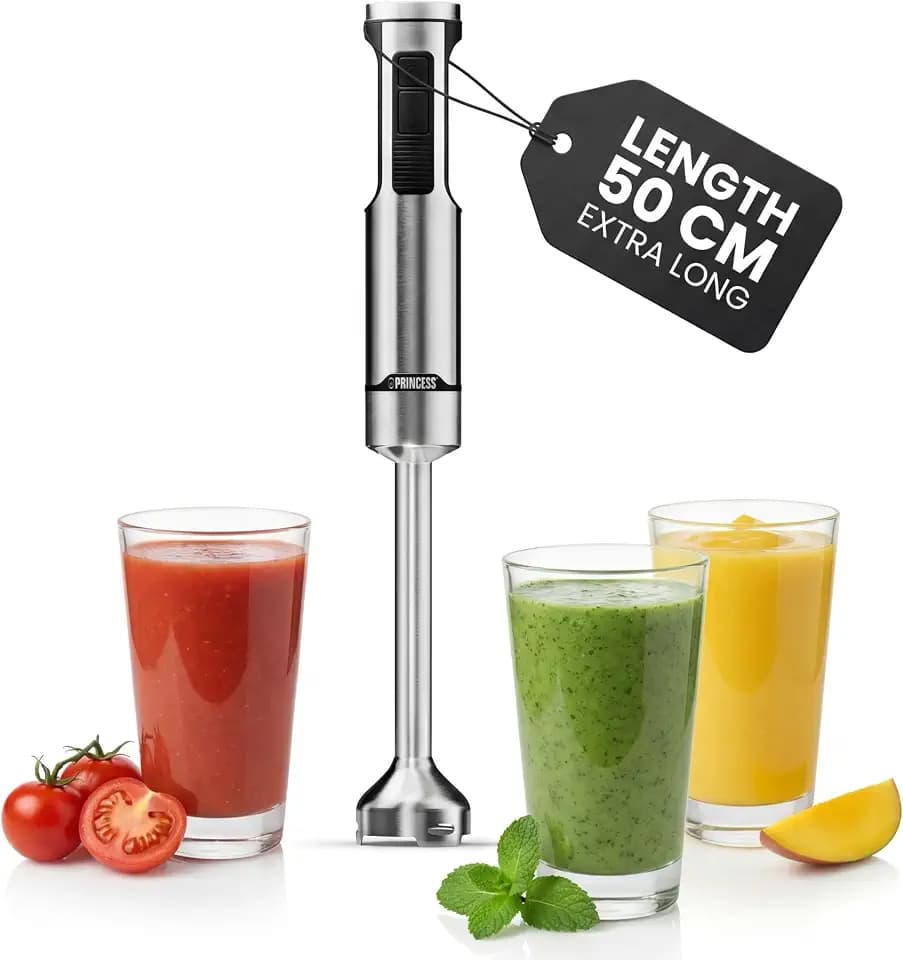 Princess Edelstahl-Stabmixer Prof XXL, 1500W, 50 cm Extra-Langer Stab, 5 Geschwindigkeiten, Turbofunktion, 4-Klingen-System, Messbecher mit Deckel, Spülmaschinenfest, 221233