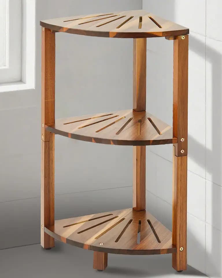 IBosins Corner Shower Caddy Standing 3-Tier Wood Shelf Bathroom Organizer