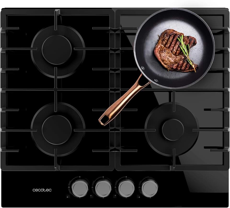 Cecotec Gaskochfeld Bolero Squad GN 4200F Glass Black, 4 Brenner, 8 kW Leistung, Schwarzes Glas, WOK Triplekorona, Gusseisen Vollgitter, Elektronische Zündung, Sicherheitsventil und GLP-Umrüstung