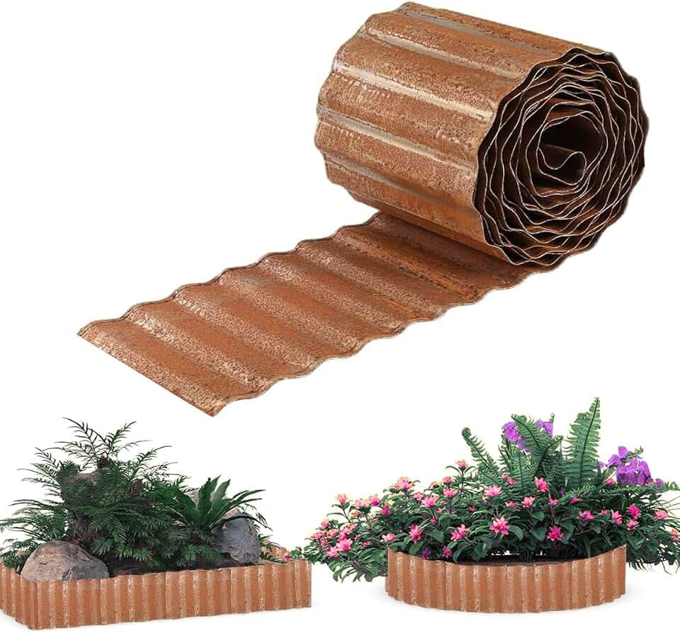 Gartenkante aus Metall, 25 cm H x 6 m lang, gewellt, Rasenkante, verzinkt, flexibel, für Blumenbeete umgeben von Bäumen - Rost