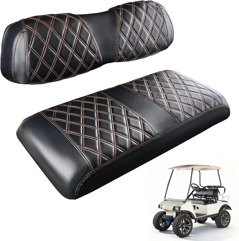 Golf Cart Diamond Seat Covers Kit Suitable for 2000.5-UP Club Car DS Standard Front Seat Cushion, Club Car Front Seat Covers Kit No Drilling & Waterproof (Black PVC Leather & Brown Stitching)