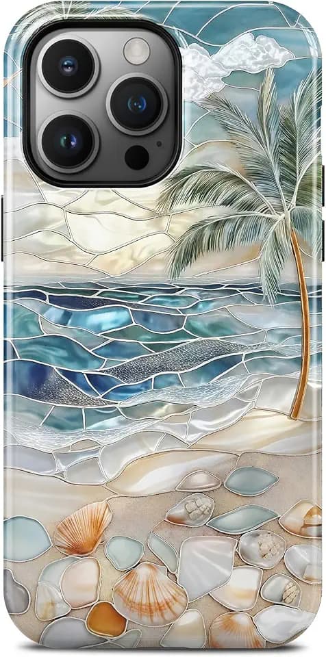 for iPhone 15 Pro Case, Beach Ocean Seashell Summer Tropical Phone Case, Compatible with Magsafe, Trendy Aesthetic Magnetic Slim Silicone Shockproof Protective Women Girl Cover