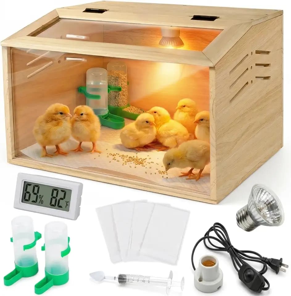 15.74 x 11.81 x 11.81” Chick Brooder Box with Heating Lamp, Poultry Brooder with Heaters, Wooden Brooder Box for Baby Chicks, Ducks, Quail and Birds