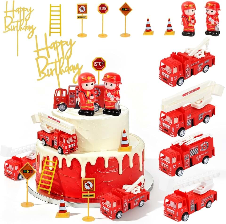 Feuerwehrmann Tortendeko Set, CIYIN Feuerwehrauto Kuchendekoration Topper, Kuchendeko mit Happy Birthday Topper für Feuerwehrmann Geburtstagsparty (C)