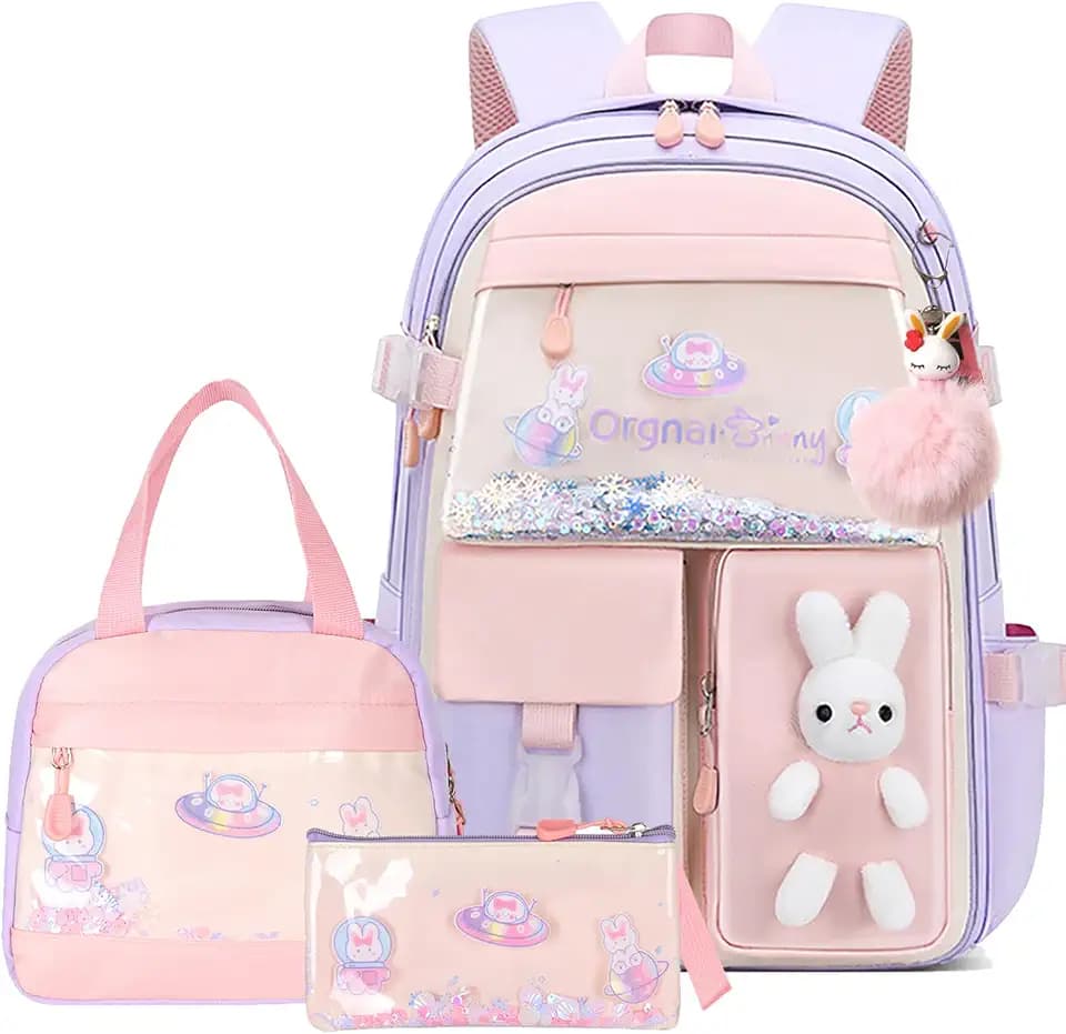 Girls Backpack With Lunch Box,Cute Kawaii Schoolbag Bunny Bookbag