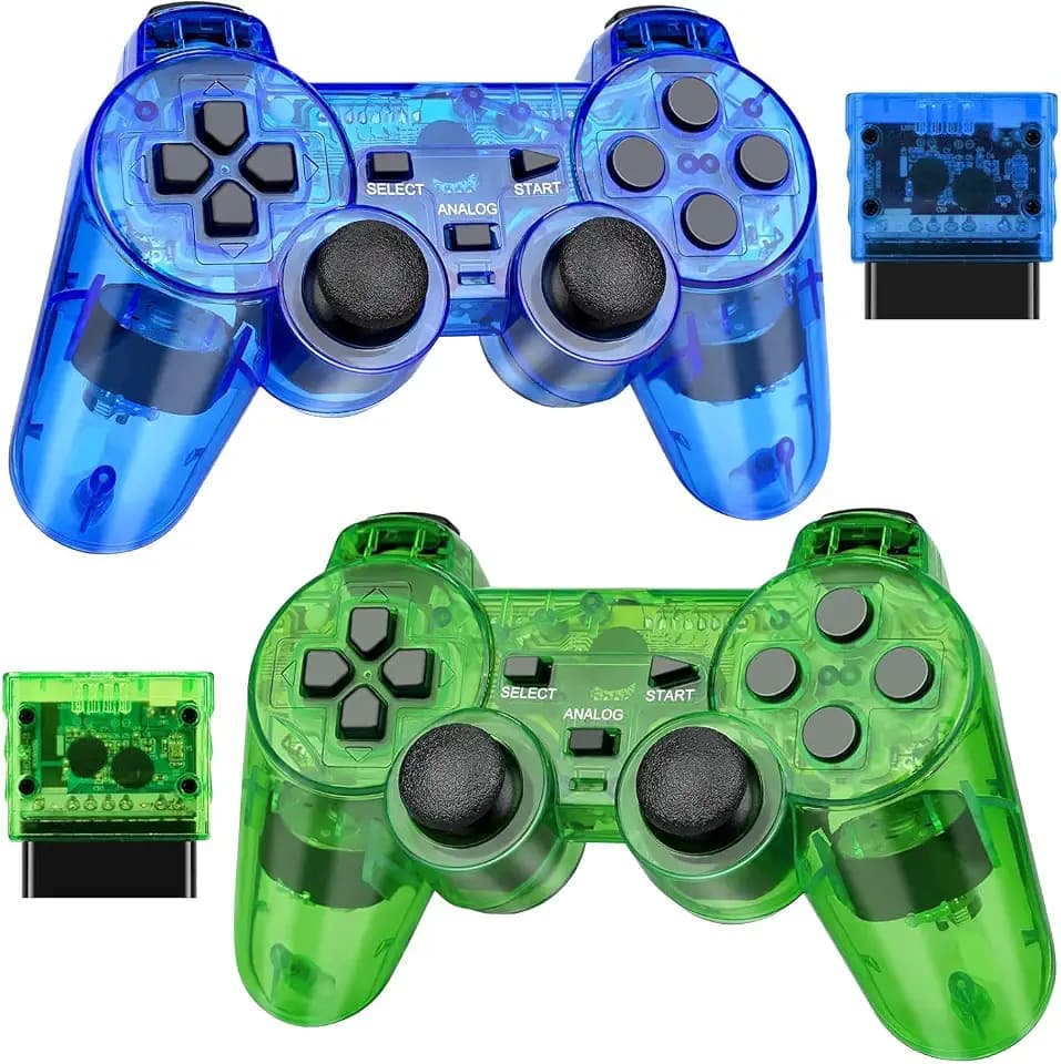 GamingBoy Wireless Controller for PS2, 2 Pack 2.4G Dual Vibration Gamepad Joystick Compatible for Play station 2, Ps-2 Game Remote with Wireless Receivers (Clear Blue and Clear Green)