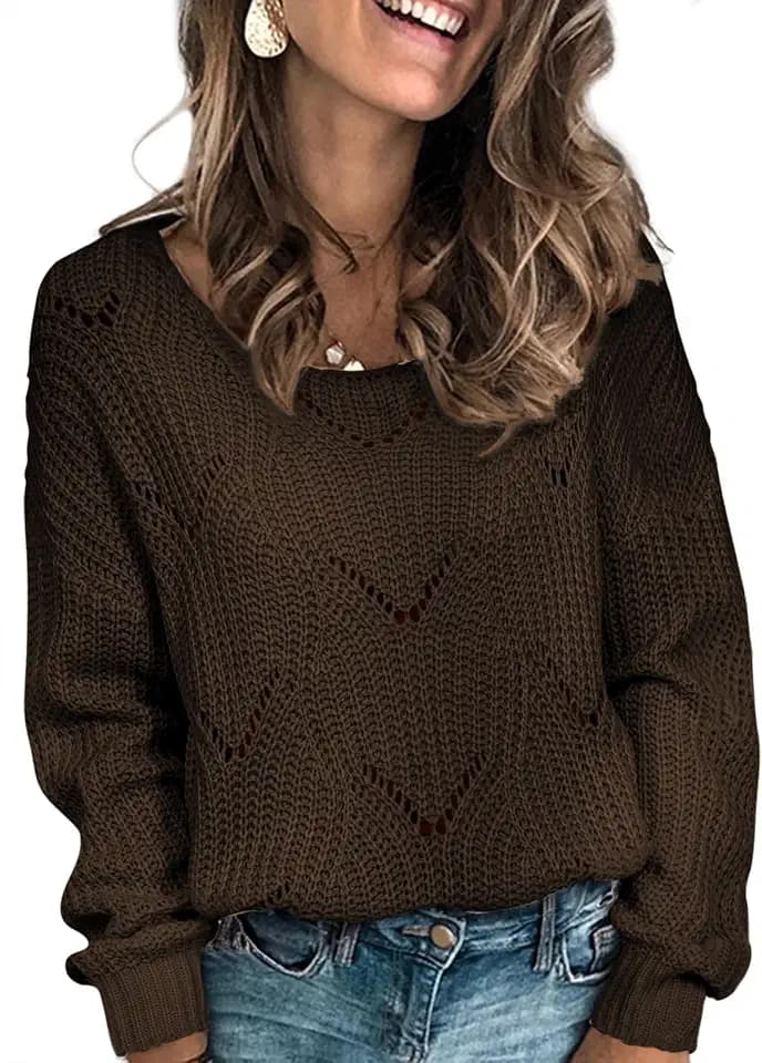 Dokotoo Women's Sweaters Boat Neck Hollow Out Crochet Knit Fall Outfits