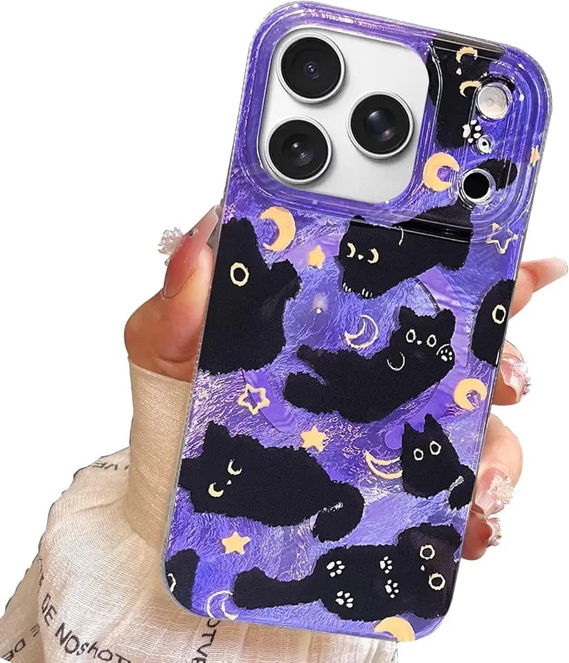 Compact Case for iPhone 17 Pro Black cat Design,Compatible with Magsafe Camera Control Cute Soft Slim TPU Shockproof Protective Bumper Phone Cases Cover for Aesthetic-Purple