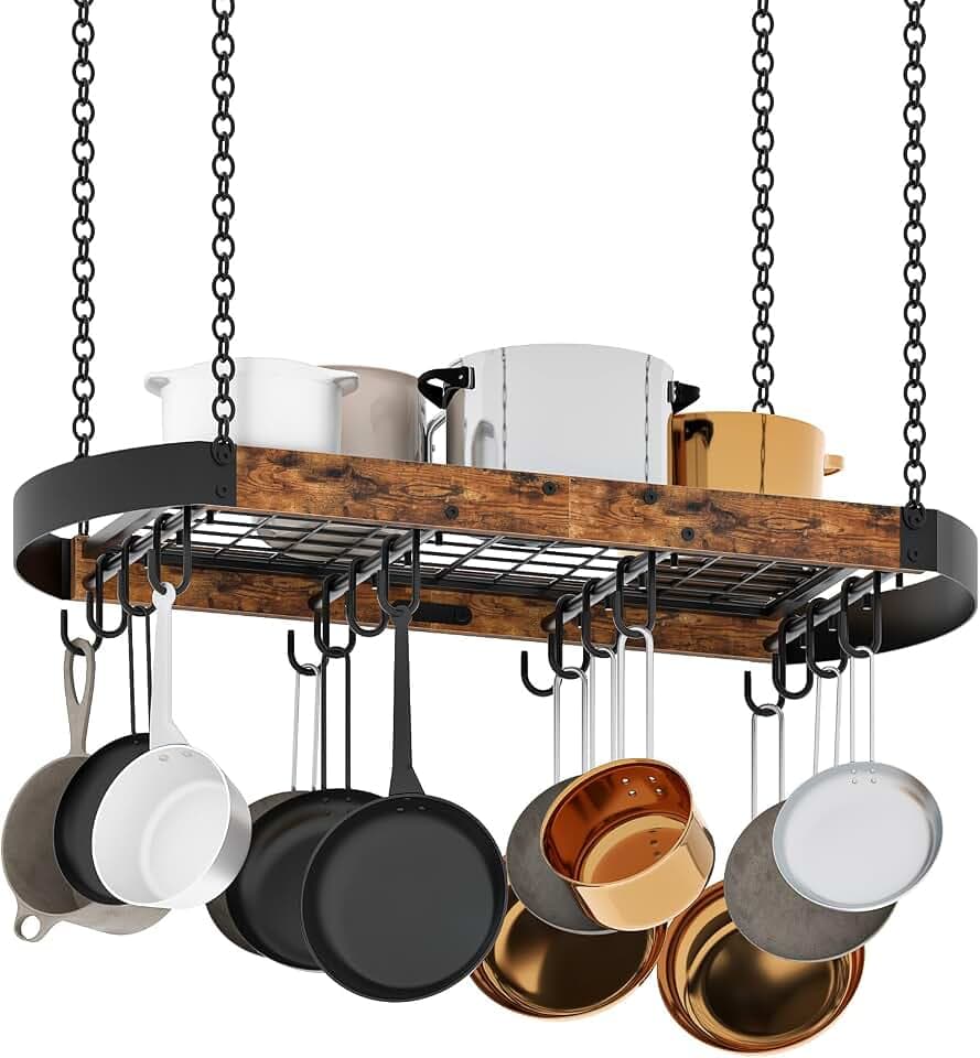 CHOEZON 80,5 cm Küchenregal hängend, hängendes Küchenregal, Topfregal Deckenregal, Topfdeckelhalter, Pfannenhalter, Küchenorganizer mit 16 Haken, Metallgestell, Vintagebraun und Schwarz DTPR09BF