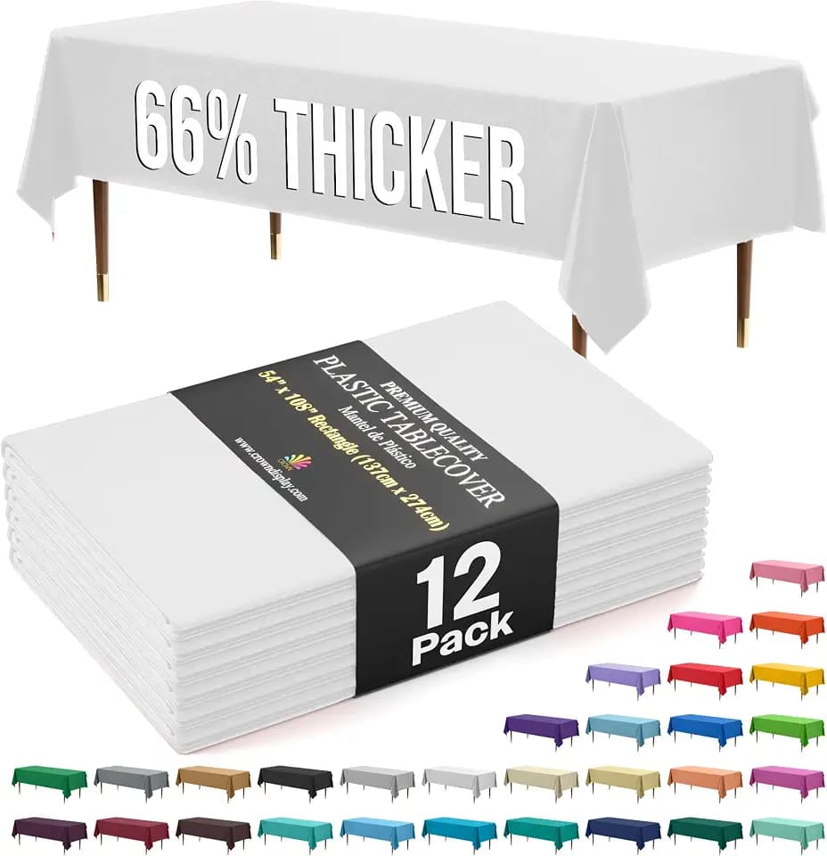 Exquisite 66% Thicker Premium Plastic Table Cloth Rectangle Table Cover 0.5 Mil 12 Pack White Table Cloth 54 Inch x 108 Inch Disposable Tablecloth Won't Tear Easily Like Cheap Thin Brands