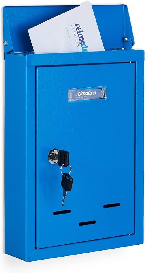 Relaxdays Briefkasten mit Namensschild, aus Metall, mit 2 Schlüsseln, blau