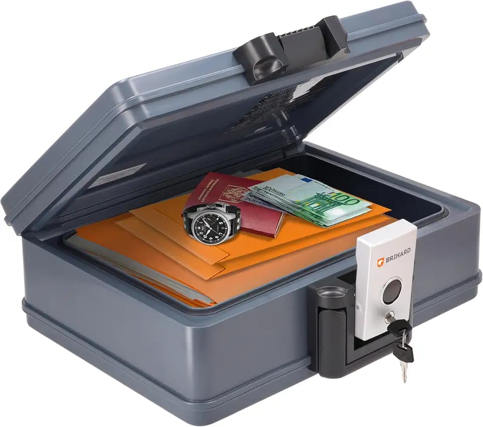 Zertifizierte Feuerfeste Dokumentenbox 2017 A4, Safe Tresor Feuerfest Wasserdicht mit Schlüssel, Feuerfeste Box für Geld & Dokumente, Tragbarer Safe Box mit Griff H 15,5 x B 40,7 x T 32,1 cm
