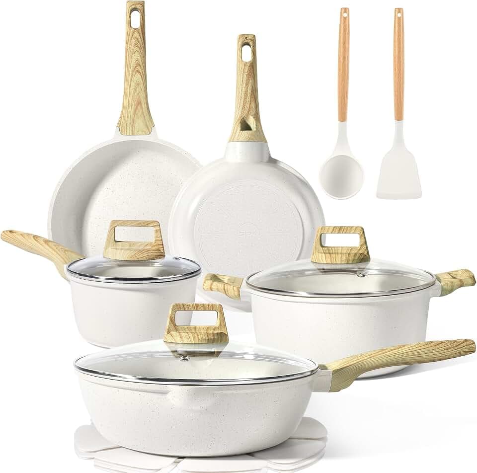 GiPP Pots and Pans Set Non Stick 14 Pcs White Granite Kitchen Cookware Sets Nonstick Induction Cookware Cooking Pan Set with Frying Pans, Saucepans and Silicone Utensils, PFOS & PFOA Free