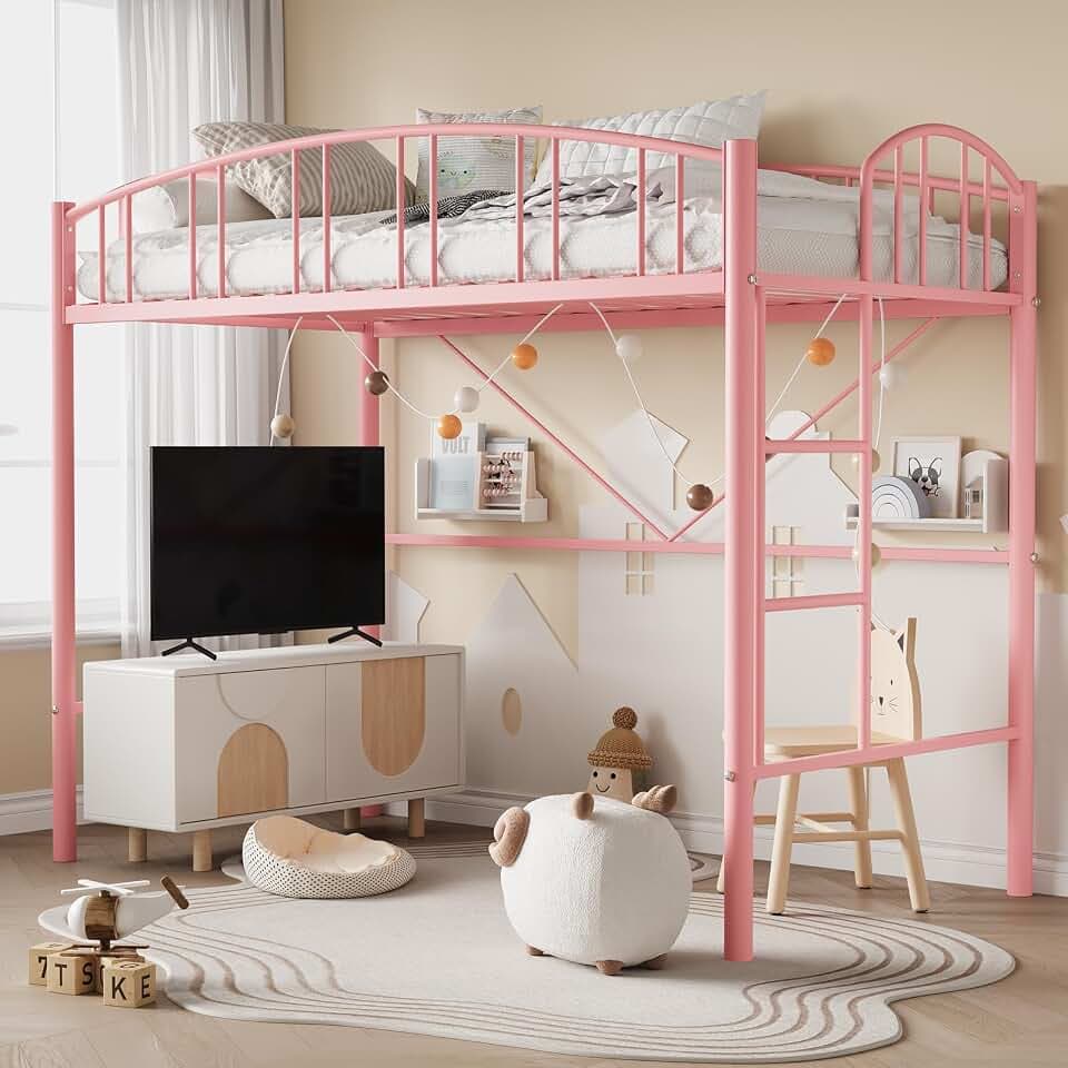 GarveeHome Loft Bed Twin Size with Arched Guardrail and Safety Ladder