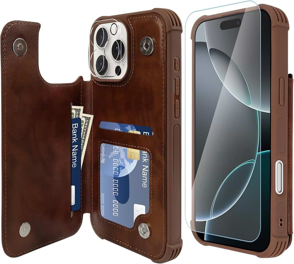 VANAVAGY iPhone 16 Pro Geldbörse Fall für Frauen und Männer, Leder Flip Folio Telefon Abdeckung passt magnetische Autohalterung mit Kreditkarteninhaber, Braun