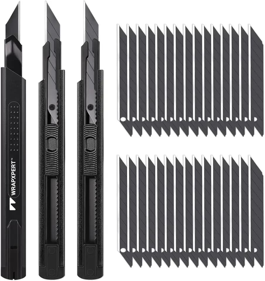 WRAPXPERT Utility Knife Retractable with 30 Degree Snap Off Blade,Box Cutter for Carton,Razor Knife Exacto Craft,3 Pack Retractable Knife for Office,Home Use,with 30 Extra 9mm Blades