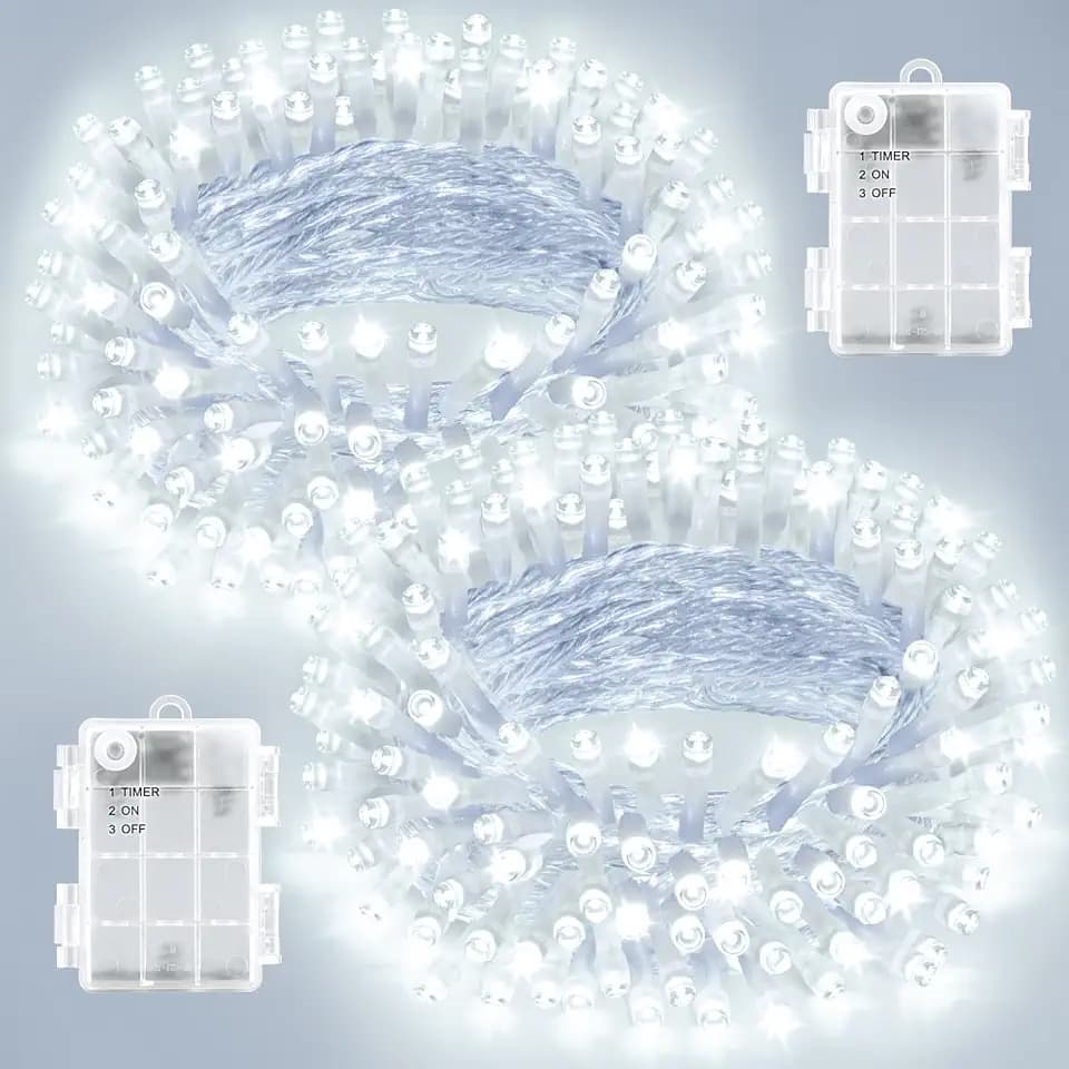 White Christmas Lights Outdoor Battery Operated Total 100LED 33ft for Christmas Decorations 16.4Ft*2, 50LED*2 Waterproof Indoor with Timer for Christmas Decor, Cold White