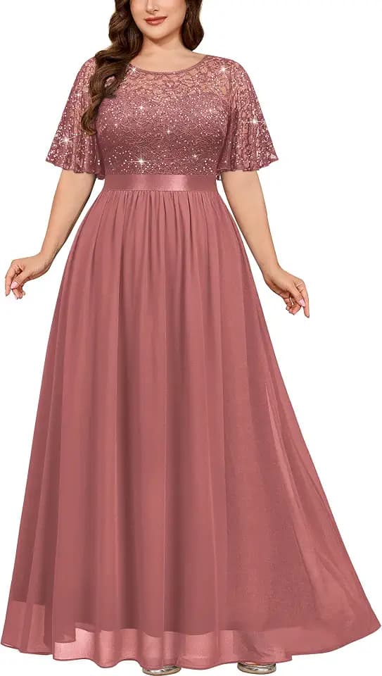 Miusol Women's Plus Sequin Lace Flutter Sleeves Mother of the Bride Dress
