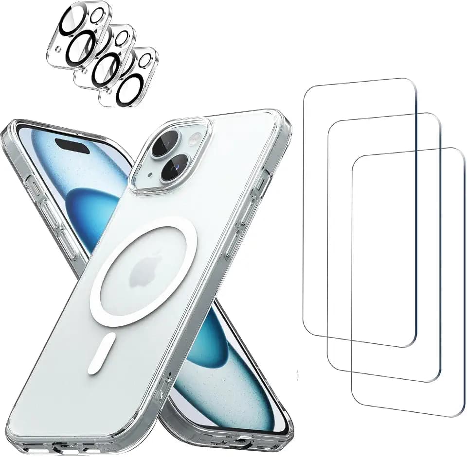 3 Pack Tempered Glass Screen Protector for iPhone 13 [6.1 Inch] + Clear Case [Compatible with MagSafe] Magnetic Wireless Charging + 3 Pack Camera Lens Protector, [7in1 Care Kit]
