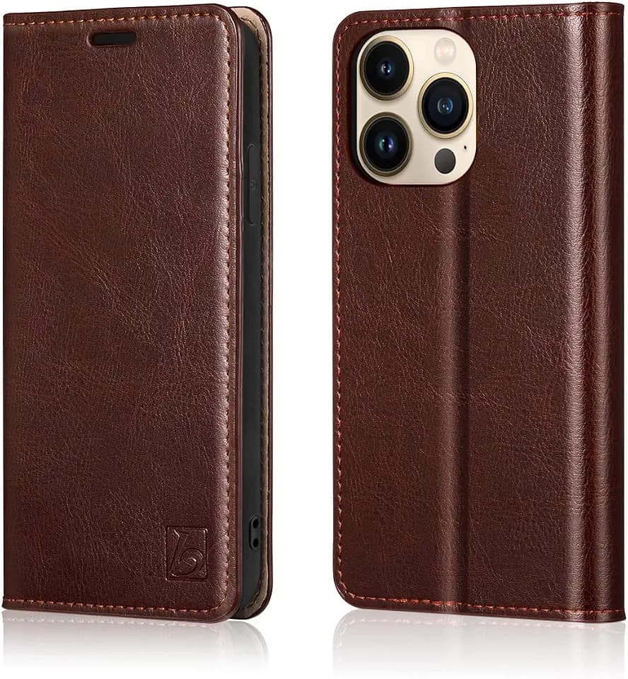 Belemay Compatible with iPhone 15 Pro Case Wallet-Genuine Leather-RFID Blocking Card Holders-Shockproof TPU Shell-Kickstand-Durable Flip Cover-Book Folding Phone Case Women Men (6.1-inch) Brown
