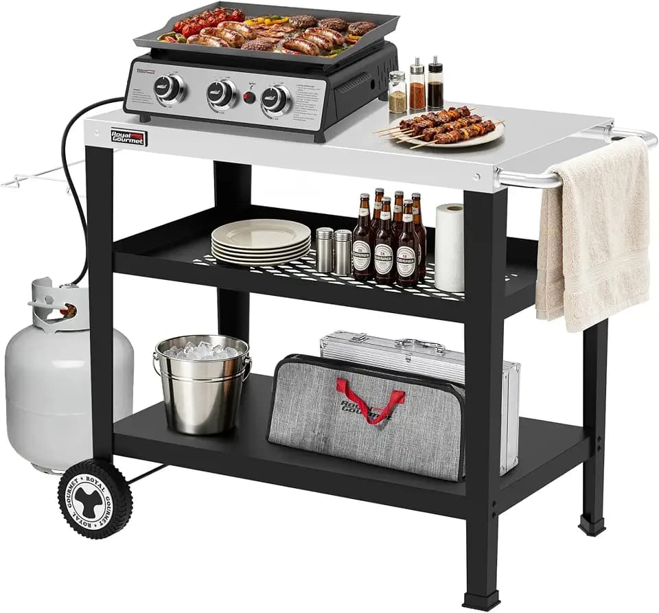 Royal Gourmet PC3404S Movable 3-Shelf Grill Table, Stainless Steel Tabletop