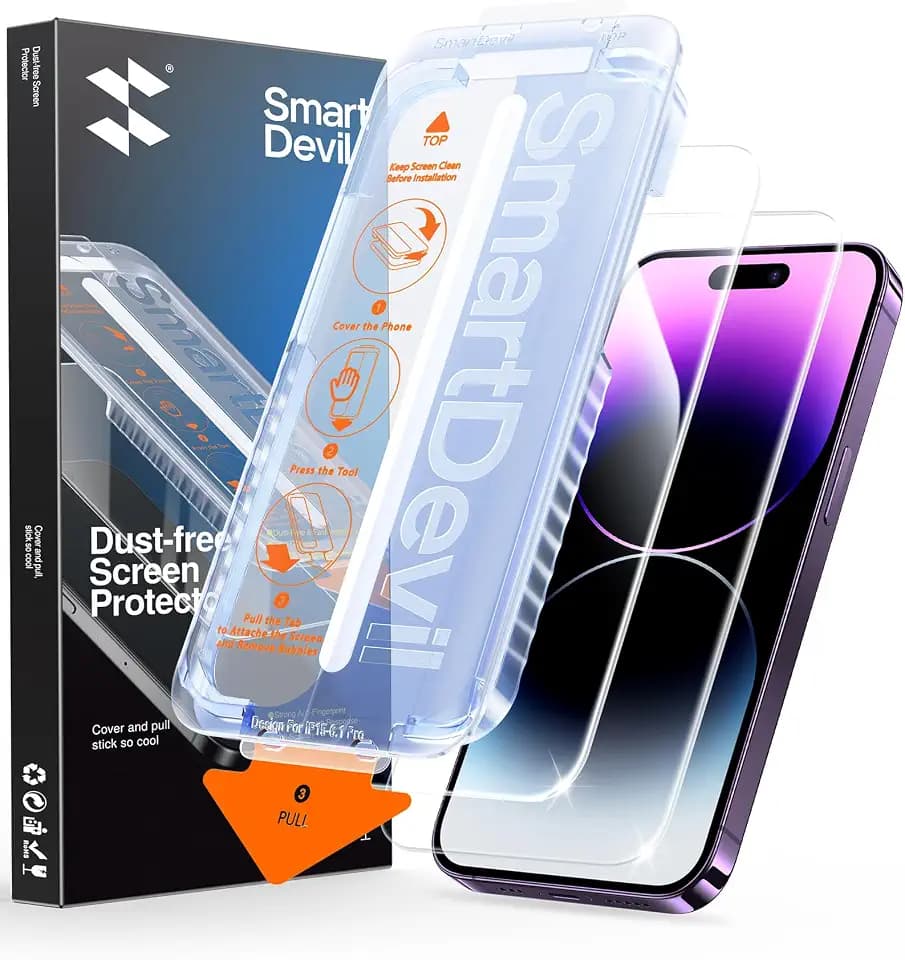 SMARTDEVIL 2 Pack for iPhone 14 Pro Screen Protector, 9H Hardness Military Grade Shatterproof, HD Clear Tempered Glass with Auto Dust-Elimination, Bubble Free, Easy Installation, Case Friendly