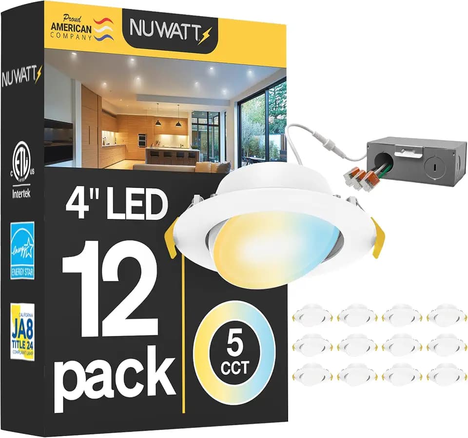 NUWATT 12 Pack Airtight 4 Inch Gimbal LED Recessed Lights, 2700K-5000K, ETL