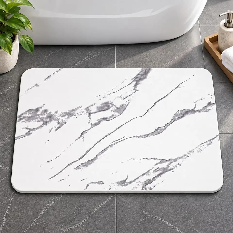 Stone Bath Mat – Diatomaceous Earth Quick Drying Non-Slip Bathroom Mat Rug– Absorbent Diatomite Shower Mat, Durable & Easy to Clean, Modern, 23.6" x 15.3", (White - Marble)