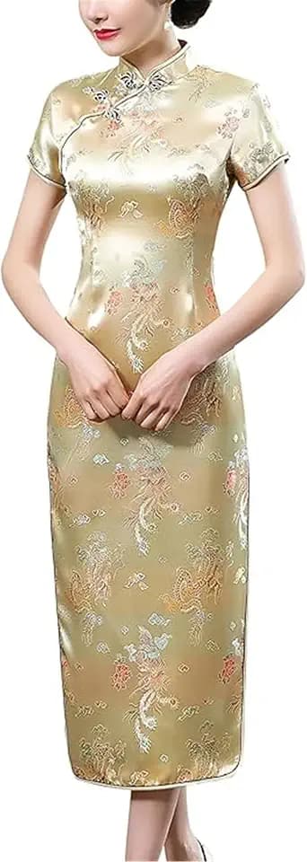 Black Sugar Qipao Kurzes und langes Kleid mit kleinen Ärmeln und Drachenmotiv, Brokat, Cheongsam, Tunika