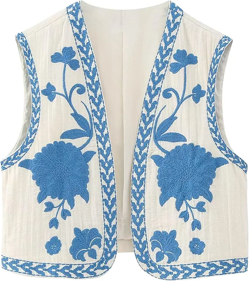Damen-Weste, Vintage, Boho, Blumenstickerei, ärmellos, bauchfrei, Cardigan, Oberbekleidung, Oberbekleidung