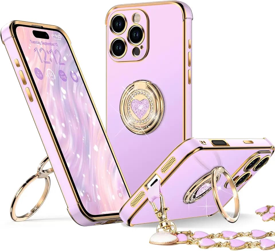 XYZ for iPhone 16 Pro Max Case with Stand, Phone Case with Double Ring Kickstand, Women Girls Bling Luxury Protective Case Heart for iPhone 16 Pro Max 6.9 inch, Purple