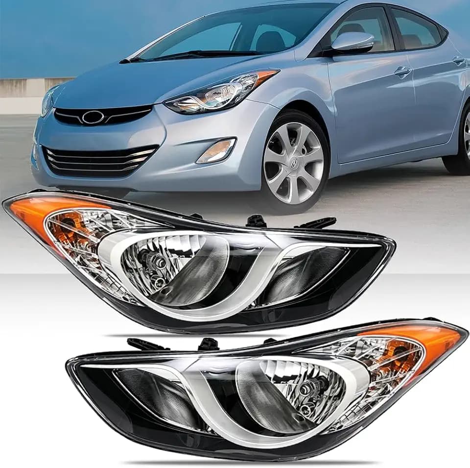 Headlights Assembly for 2011-2013 Hyundai Elantra US Built, (NOT for GT&Hybrid) Halogen Headlamp with Bulbs Chrome Housing Amber Reflector, 1 Pair, 92101-3Y000, 92102-3Y000