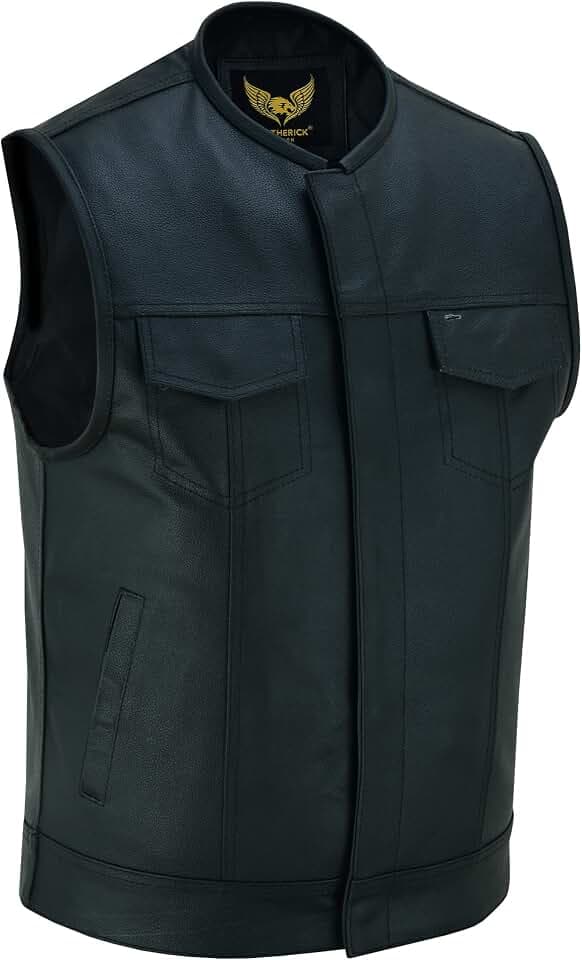 Leatherick Mens Leather Motorcycle Vest | SOA Club Style Biker Vest for Men with 8 Inside Pockets, Dual Closure Riding Gear