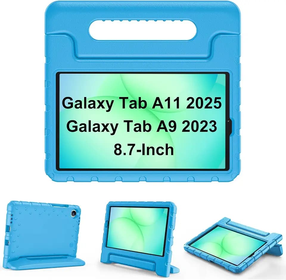 ProCase Kinder Hülle für Galaxy Tab A9 8.7 Zoll 2023 (X110) Galaxy Tab A11 2025 (X130/X135) mit Kickstand Stoßfest & Robust Kind Schutzhülle Drehbar Handgriff Standfunktion - Blau