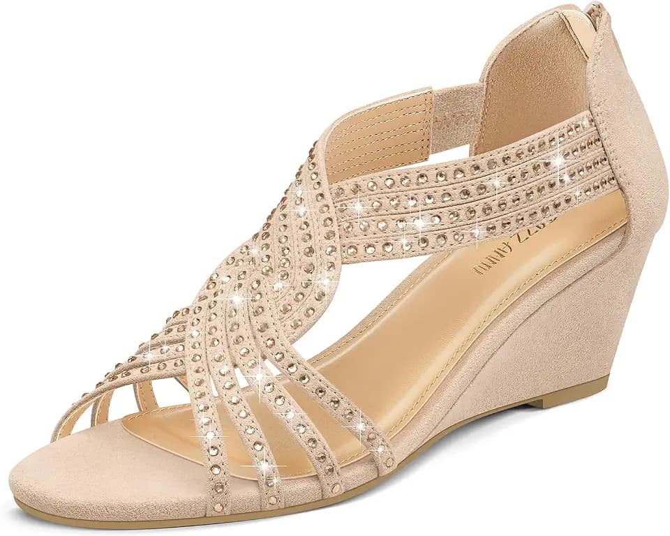 PIZZ ANNU Women's Diana Low Wedge Sandals Sparkly Rhinestone Open Toe Fashion Dress Shoes for Woman Lady in Bridal Dance Evening