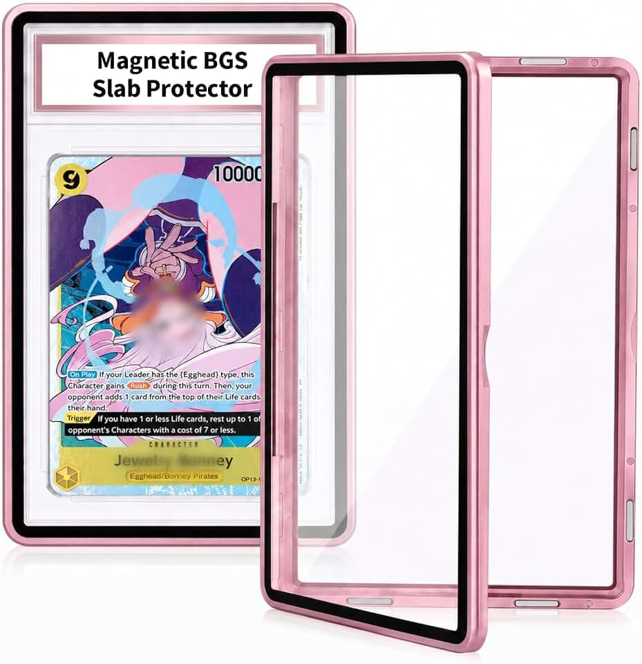 Magnetic BGS Slab Protector - UV Protection Tempered Glass & Aluminum Metal Bumper for 35PT Beckett Graded Cards, 9-Point Secure Lock Display Guard with Padding Stickers for Stability (Pink)