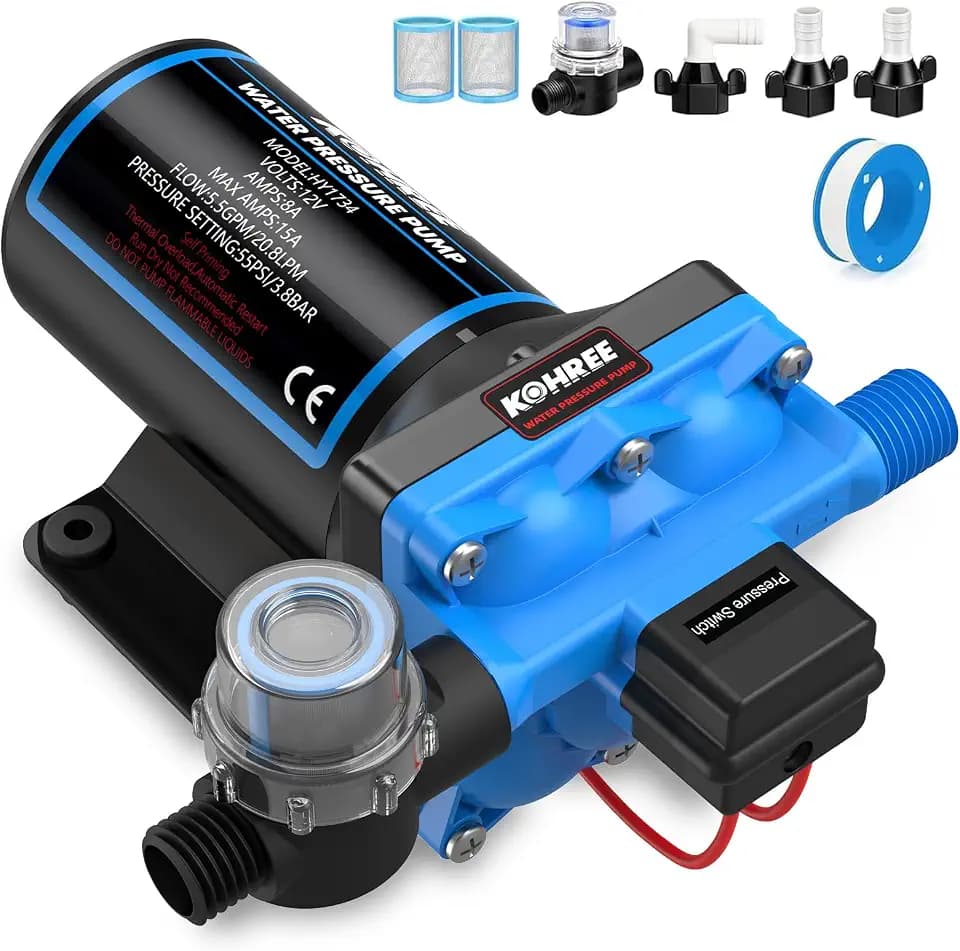 Kohree 12V RV Water Pump 5.5GPM 55 PSI, Self-Priming Diaphragm Pump