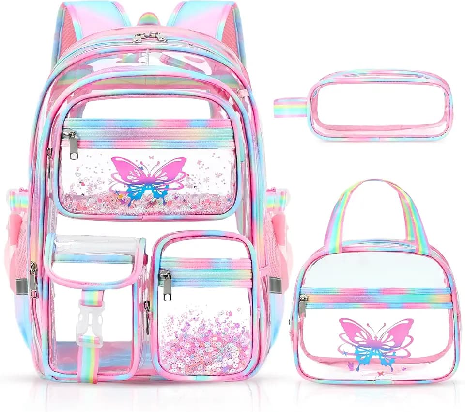 DIGOBAY 3PCS Clear Backpack for Girls, Cute Girls Clear Backpack with Lunch Bag & Pencil Case, Heavy Duty Transparent School Backpack for Teen Girl, kids Bookbag for Elementary Middle School