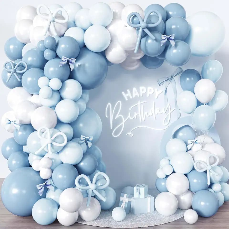 110pcs Blue Bow Balloon Garland Arch Kit with DIY 3D Coquette Ribbon Bows, 18/12/10/5 Inch Pastel Baby Blue & White Latex Balloons for Boy Baby Shower, 1st Birthday Party Decorations, Bridal Shower