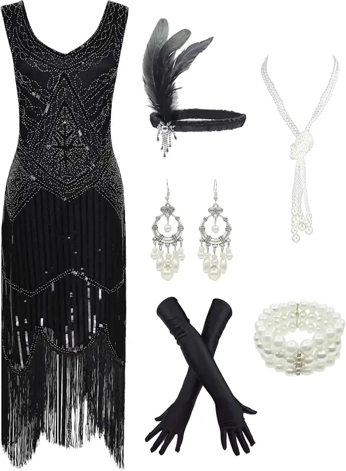 1920s Gatsby Sequin Fringed Paisley Flapper Dress with 20s Accessories Set (XL, Black-Black)