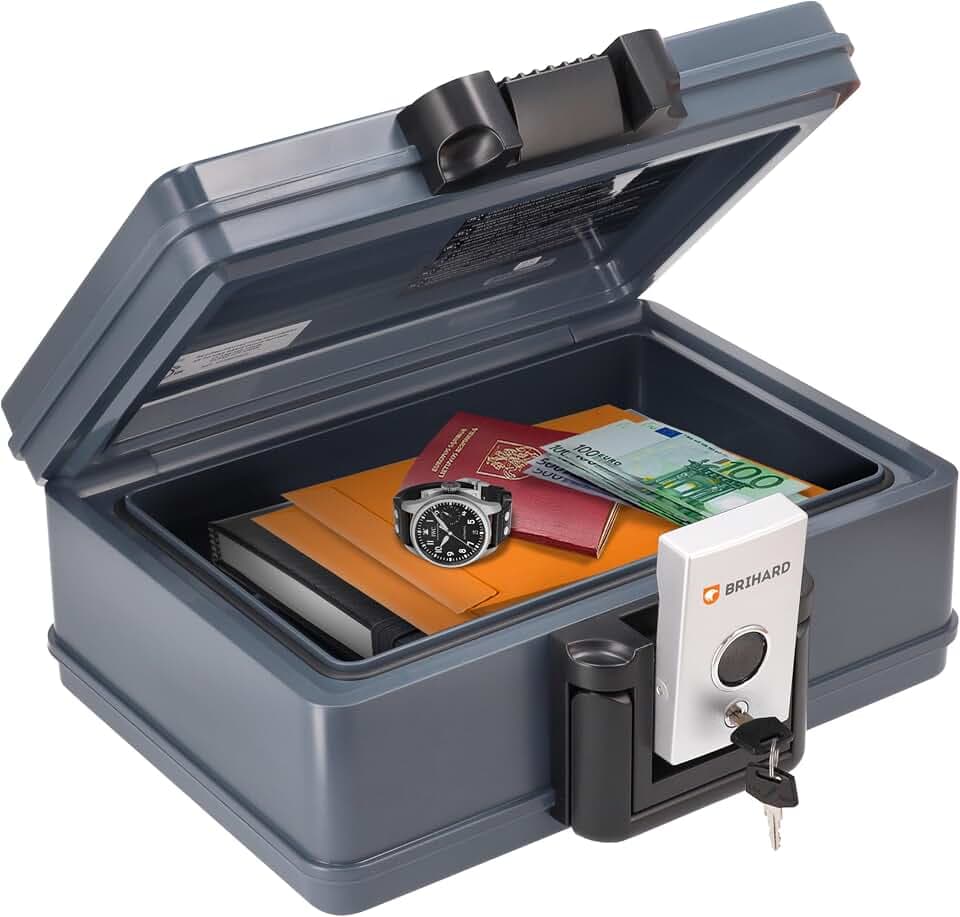 zertifizierte Dokumentenkassette 2013, A5 - wasserdichte & feuerfeste Dokumentenbox mit Schlüssel, für Wertgegenstände & Dokumente, tragbarer Safe mit Griff – H 15,4 x B 35,4 x T 28,2 cm