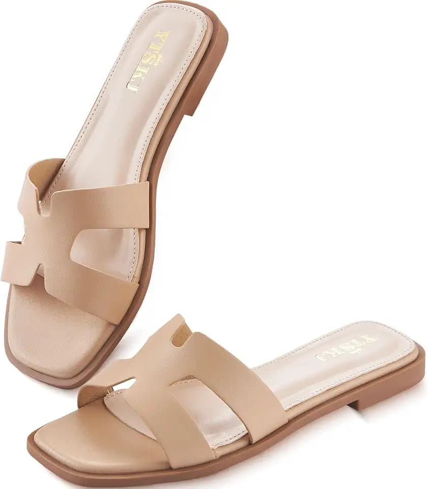Women's Flat Sandals Round Open Toe Comfortable Fashion Cute Ladies Slides Sandals Women Dressy Summer Flat Leather Casual Fashion Beach Shoes Size 6-11