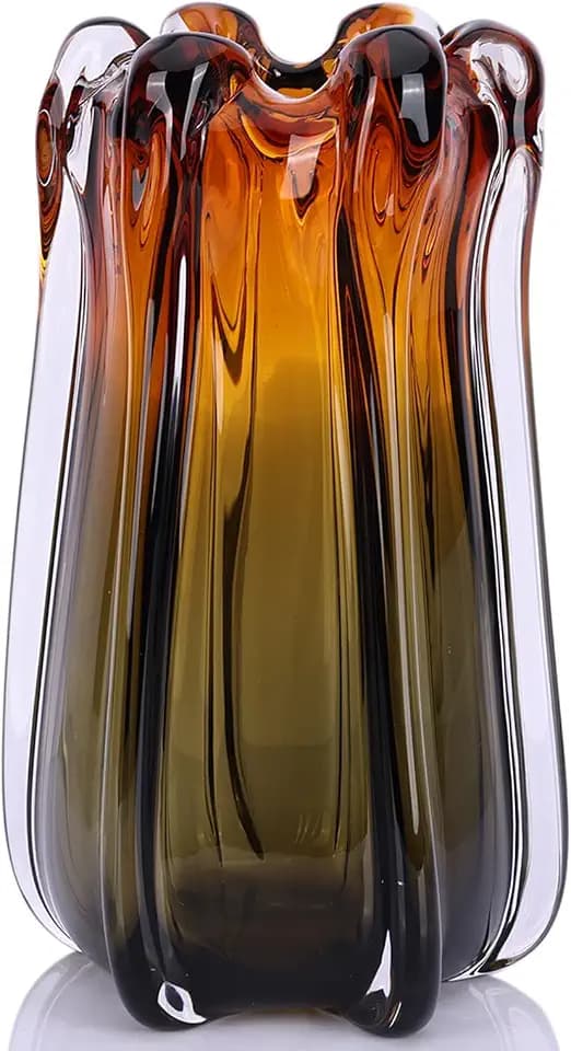 Large Hand Blown Glass Vase, Unique Amber Gradient Colored Decorative Vase, Murano Style Modern Art Decor, Heavy Wide Mouth Flower Vase for Living Room, Wedding Centerpieces (11.22in)